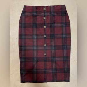 Sanctuary plaid midi pencil skirt burgundy and black with faux button detail